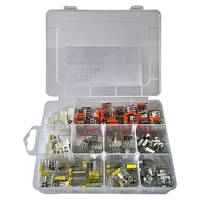 Profi Depot Steckklemmen-Box Kompakt - 150 Stk., 1 mm² - 2,5 mm² - Eine durchsichtige Box mit verschiedenen Arten von Wago-Klemmen in Weiß, Orange, Grau und Gelb, sortiert in Fächer.