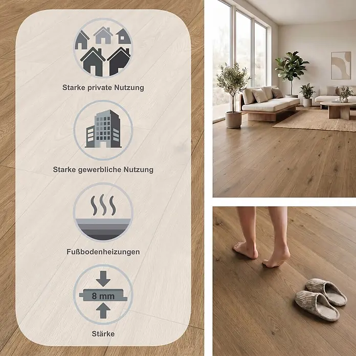 Krono Original Laminat Comfort Silent Cork - Buckingham Oak, Landhausdiele, 1.288 x 195 x 8 mm - Holzoptik-Boden in einem Wohnzimmer, mit einer Infografik zu starker privater/gewerblicher Nutzung, Fußbodenheizung und 8mm Stärke.