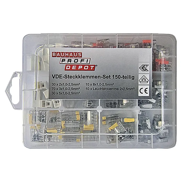 Profi Depot Steckklemmen-Box Kompakt - 150 Stk., 1 mm² - 2,5 mm² - Dose mit VDE-Steckklemmen-Set, 150-teilig, von Bauhaus Profi Depot für elektrische Installationen und sichere Verbindungen.