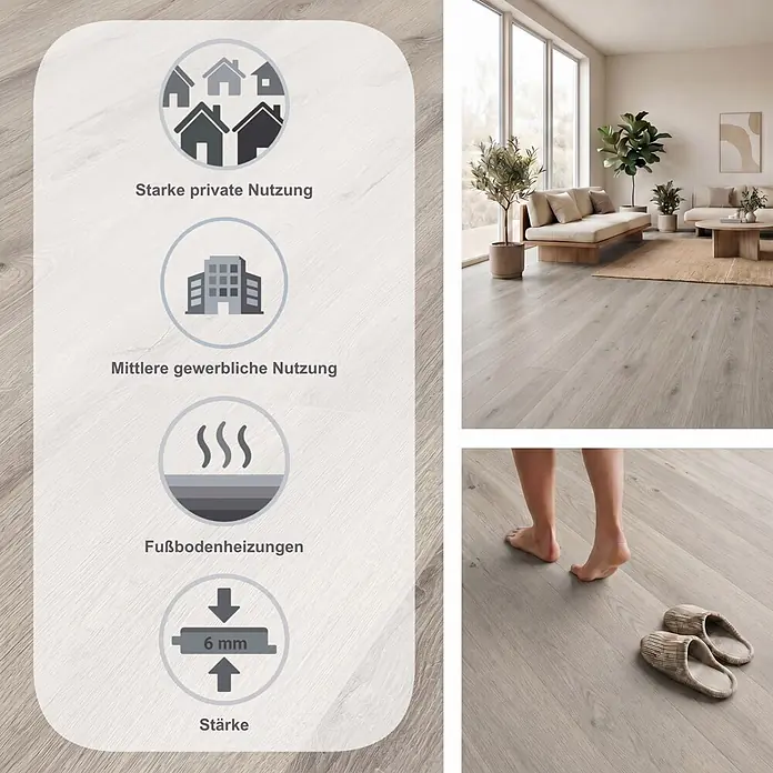 LOGOCLIC Aquaprotect Smart Laminat - Marea Oak, Landhausdiele, 1.288 x 195 x 6 mm - Hellgrauer Holzoptikboden in einem modernen Wohnzimmer. Merkmale: 6 mm stark, für Privat-/Gewerbenutzung und Fußbodenheizung geeignet.