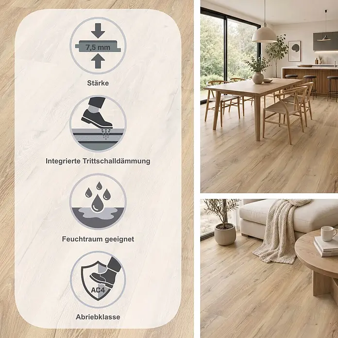 Egger Laminat Aquadura+ - Panora Eiche beige, Landhausdiele, 1.292 x 193 x 7,5 mm - Heller Laminatboden in Holzoptik, 7,5 mm stark, mit integrierter Trittschalldämmung, feuchtraumgeeignet und Abriebklasse AC4.