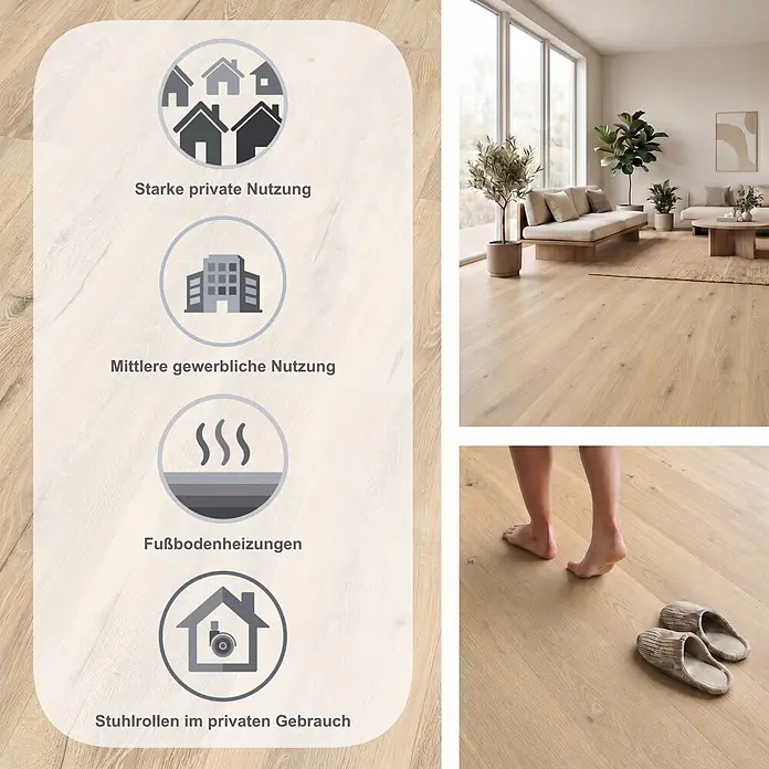 Egger Laminat Aquadura+ - Panora Eiche beige, Landhausdiele, 1.292 x 193 x 7,5 mm - Heller Laminatboden für starke private und mittlere gewerbliche Nutzung, geeignet für Fußbodenheizung und Stuhlrollen. In modernem Wohnzimmer.