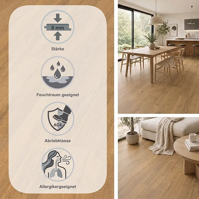 Egger Laminat NatureSense Aqua - Elva Eiche honig, Landhausdiele, 1.292 x 246 x 8 mm - Helles, holzfarbenes Laminat, 8 mm stark, Abriebklasse AC4, feuchtraumgeeignet und allergikerfreundlich.