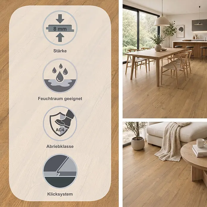 Egger Laminat NatureSense Aqua - Elva Eiche honig, Landhausdiele, 1.292 x 246 x 8 mm - Helles, holzfarbenes Laminat, 8 mm stark, Abriebklasse AC4, feuchtraumgeeignet und allergikerfreundlich.