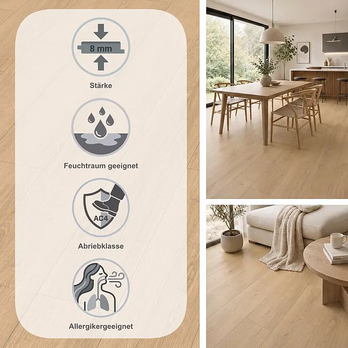 Egger Laminat NatureSense Aqua - Victoria Eiche natur, Landhausdiele, 1.292 x 193 x 8 mm - Helles Laminat in Holzoptik, 8mm dick, AC4, feuchtigkeits- und allergikerfreundlich, in modernem Wohnambiente.