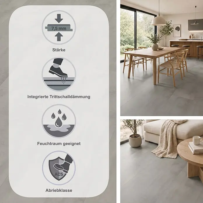Egger Laminat Aquadura+ - Chromix silber, 1.292 x 327 x 7,5 mm - Grauer Bodenbelag, 7,5mm stark, mit integrierter Trittschalldämmung, feuchtraumgeeignet, Abriebklasse AC5, in modernem Wohnambiente.
