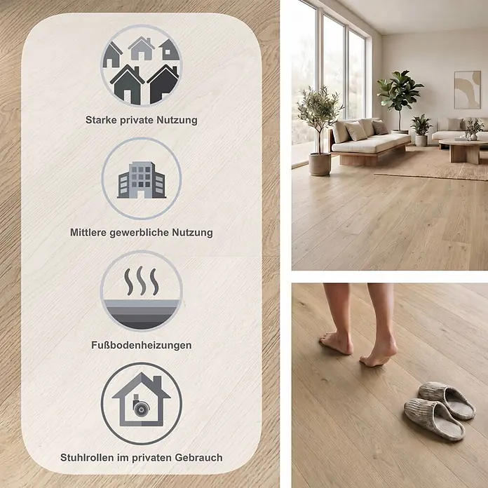 LOGOCLIC Edition Laminat Vinto - Twilight Oak, Landhausdiele, 1.288 x 245 x 8 mm - Heller Holzoptikboden, geeignet für starke private und mittlere gewerbliche Nutzung, Fußbodenheizung und Stuhlrollen im privaten Bereich.