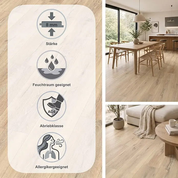 Egger Laminat NatureSense Aqua - Melba Eiche beige, Landhausdiele, 1.292 x 193 x 8 mm - Helles Laminat mit Holzmaserung, in modernen Räumen. Merkmale: 8mm Stärke, feuchtraumgeeignet, Abriebklasse AC4, allergikergeeignet.