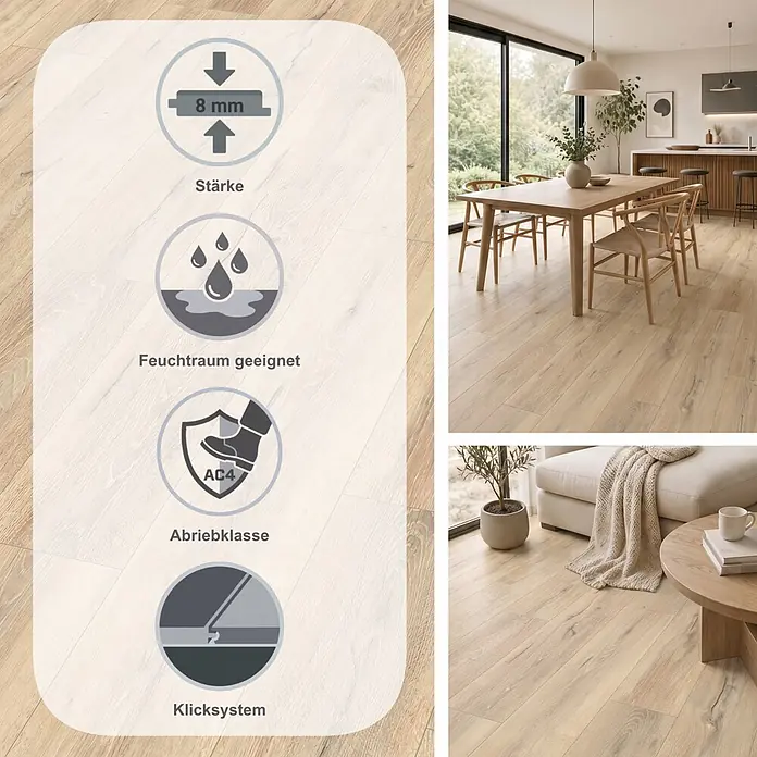 Egger Laminat NatureSense Aqua - Melba Eiche beige, Landhausdiele, 1.292 x 193 x 8 mm - Helles Laminat mit Holzmaserung, in modernen Räumen. Merkmale: 8mm Stärke, feuchtraumgeeignet, Abriebklasse AC4, allergikergeeignet.
