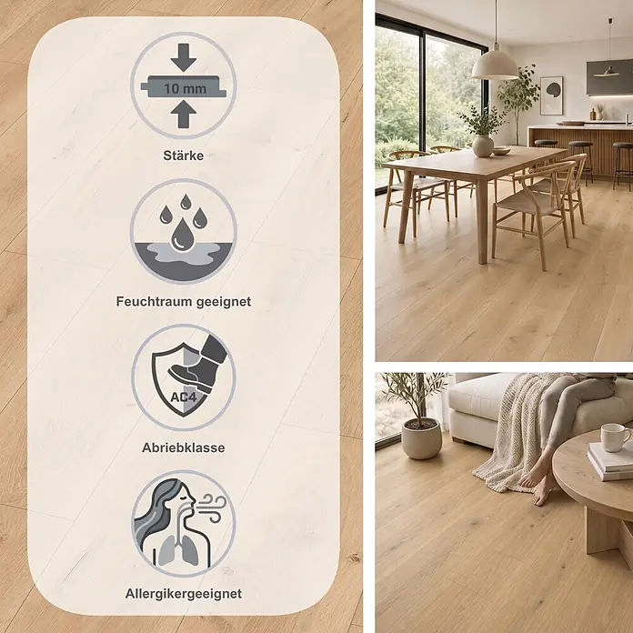 Egger Laminat NatureSense Aqua - Pinot Eiche sand, Landhausdiele, 1.292 x 193 x 10 mm - Heller Holzboden mit 10mm Stärke, Abriebklasse AC4, feuchtraumgeeignet und allergikerfreundlich, gezeigt in Ess- und Wohnzimmern.