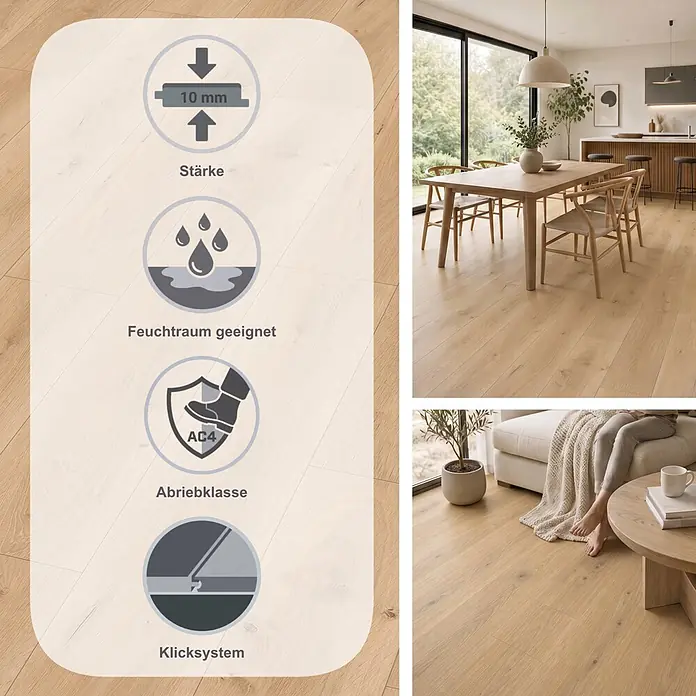Egger Laminat NatureSense Aqua - Pinot Eiche sand, Landhausdiele, 1.292 x 193 x 10 mm - Heller Holzboden mit 10mm Stärke, Abriebklasse AC4, feuchtraumgeeignet und allergikerfreundlich, gezeigt in Ess- und Wohnzimmern.