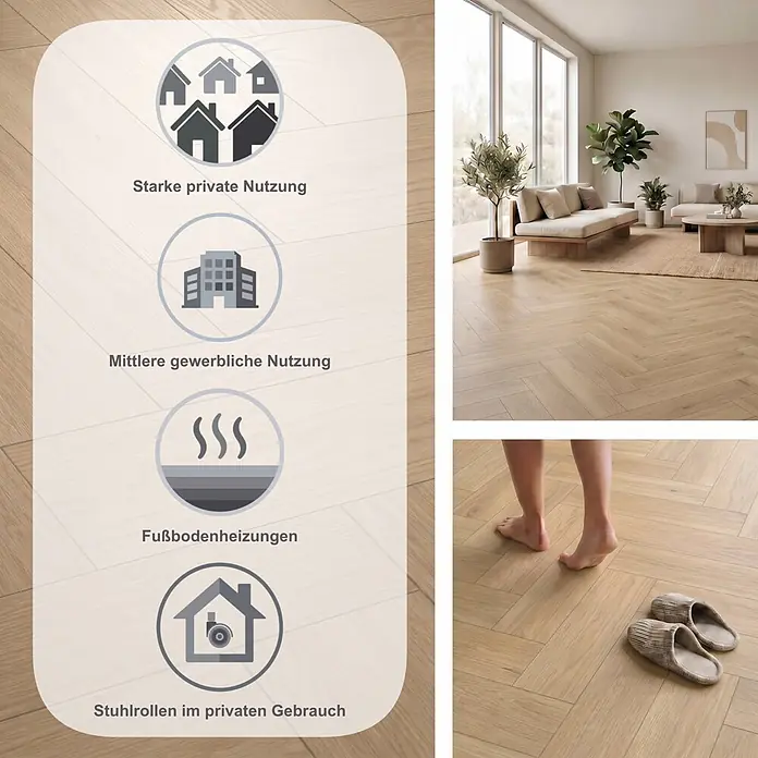 Egger Laminat NatureSense Herringbone - Baronia Eiche sand, Fischgrät, 840 x 168 x 8 mm - Helles Fischgrät-Parkett in Holzoptik, für private und leichte gewerbliche Nutzung, Fußbodenheizung und Stuhlrollen, in modernem Interieur.