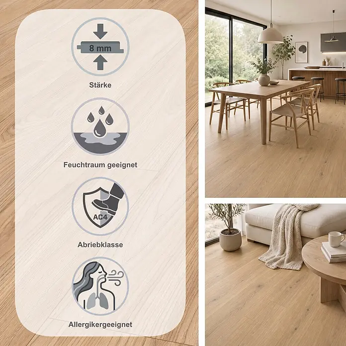Egger Laminat NatureSense Aqua - Sheffield Akazie natur, Landhausdiele, 1.292 x 193 x 8 mm - Heller Holzboden (8mm, AC4), feuchtraum- und allergikergeeignet, präsentiert in modernen Wohnräumen.