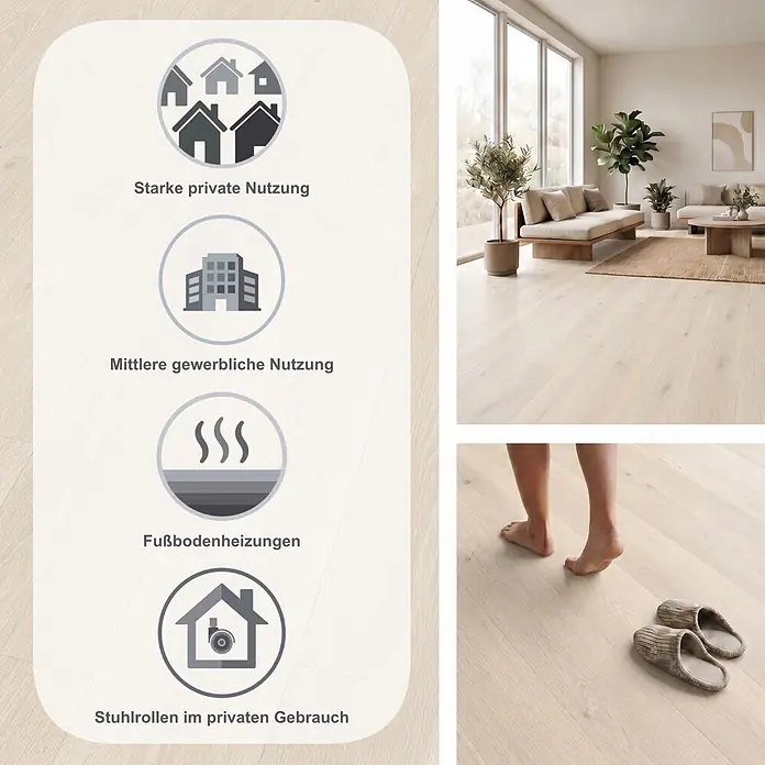 Egger Laminat Aquadura+ - Camden Eiche weiss, Landhausdiele, 1.292 x 193 x 7,5 mm - Helles Holzfußboden in einem modernen Wohnzimmer, mit Infografik zur Eignung für verschiedene Nutzungen wie Fußbodenheizung und Stuhlrollen.