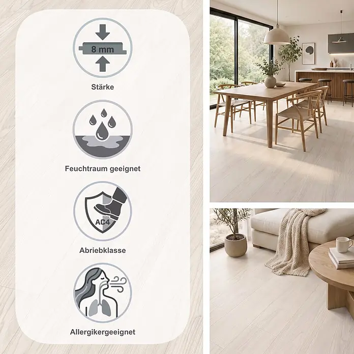 Egger Laminat NatureSense Aqua - Sheffield Akazie weiß, Landhausdiele, 1.292 x 193 x 8 mm - Helles Holzboden in Wohnräumen, mit Symbolen für 8 mm Stärke, Feuchtraumeignung, Abriebklasse AC4 und Allergikerfreundlichkeit.