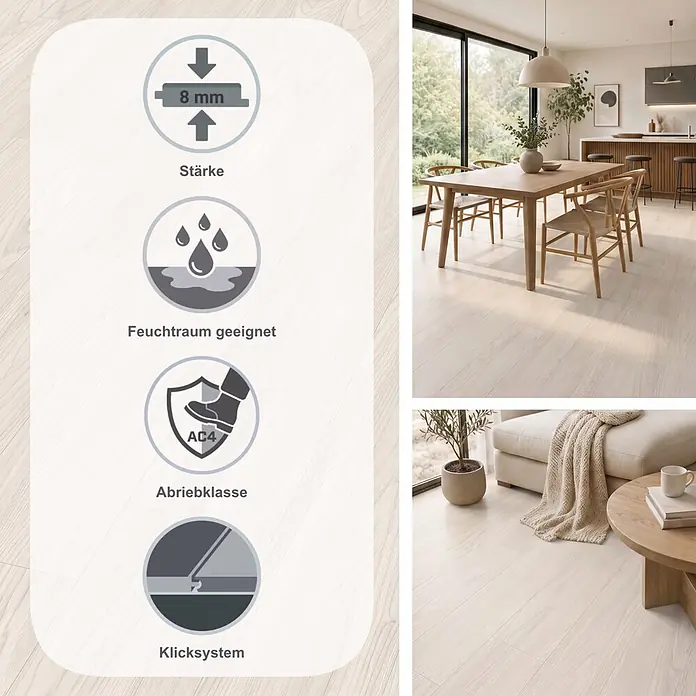 Egger Laminat NatureSense Aqua - Sheffield Akazie weiß, Landhausdiele, 1.292 x 193 x 8 mm - Helles Holzboden in Wohnräumen, mit Symbolen für 8 mm Stärke, Feuchtraumeignung, Abriebklasse AC4 und Allergikerfreundlichkeit.