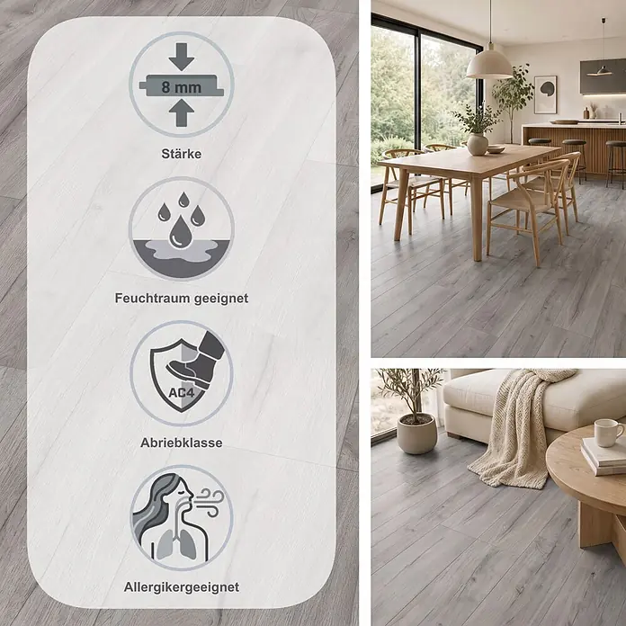 Egger Laminat NatureSense Aqua - Loja Eiche hellgrau, Landhausdiele, 1.292 x 246 x 8 mm - Helles graues Laminat in Holzoptik, 8mm stark, Abriebklasse AC4, feuchtraumgeeignet und allergikerfreundlich, in einem modernen Zuhause gezeigt.