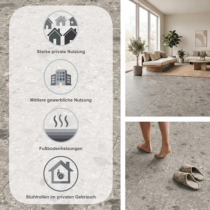Egger Laminat NatureSense Aqua - Triestino Terrazzo grau, 1.292 x 327 x 8 mm - Graue gesprenkelte Bodenfliesen in einem modernen Wohnzimmer, geeignet für starke Beanspruchung, Fußbodenheizung und Stuhlrollen.