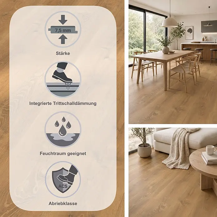 Egger Laminat Aquadura+ - Waltham Eiche natur, Landhausdiele, 1.292 x 246 x 7,5 mm - Warmes, hellbraunes Holzdekorboden (7,5mm, AC5 Robustheit) mit Trittschalldämmung, in einem modernen Zuhause.