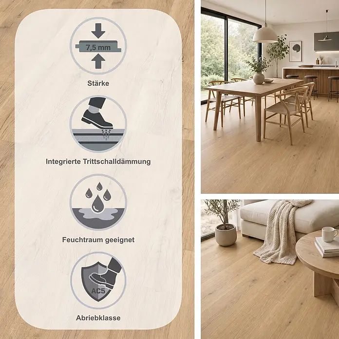 Egger Laminat Aquadura+ - Savona Eiche sand, Landhausdiele, 1.292 x 246 x 7,5 mm - Heller Holzoptikboden (7,5mm), integrierte Trittschalldämmung, feuchtraumgeeignet, Abriebklasse AC5. In modernen Räumen verlegt.