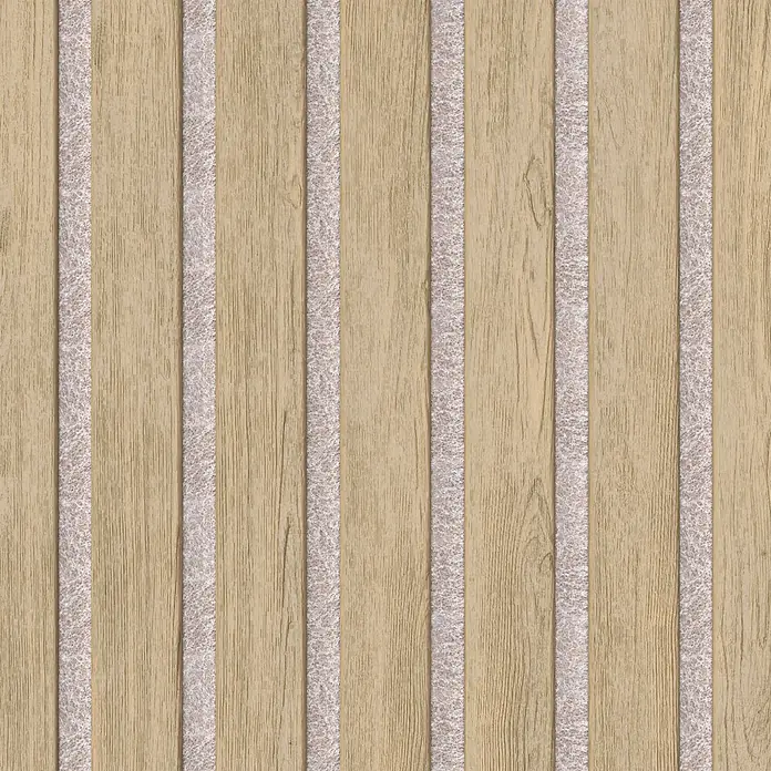 Akustikpaneel - Eiche Light Oak, 2.440 x 520 x 18 mm - Hellbraune Holzlattenverkleidung mit strukturierten cremefarbenen Einsätzen.