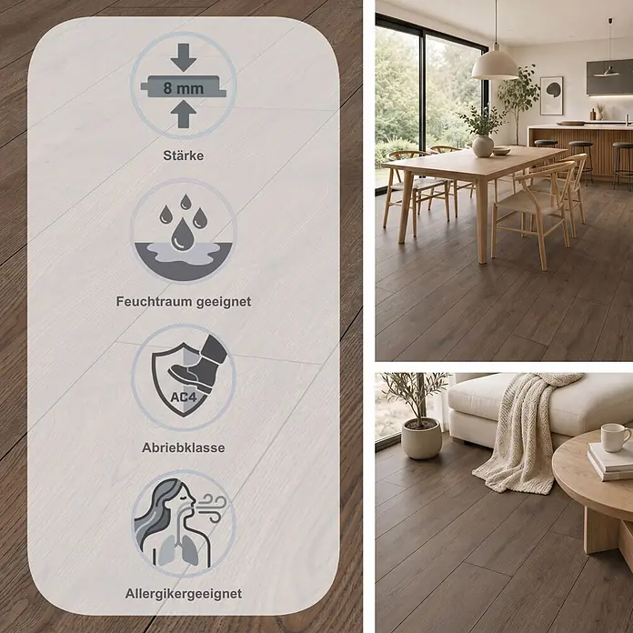 Egger Laminat NatureSense Aqua - Turin Eiche braun, Landhausdiele, 1.292 x 193 x 8 mm - Dunkler Laminatboden in Holzoptik in modernem Zuhause, mit Infografik zu Eigenschaften wie 8mm Stärke und Robustheit.
