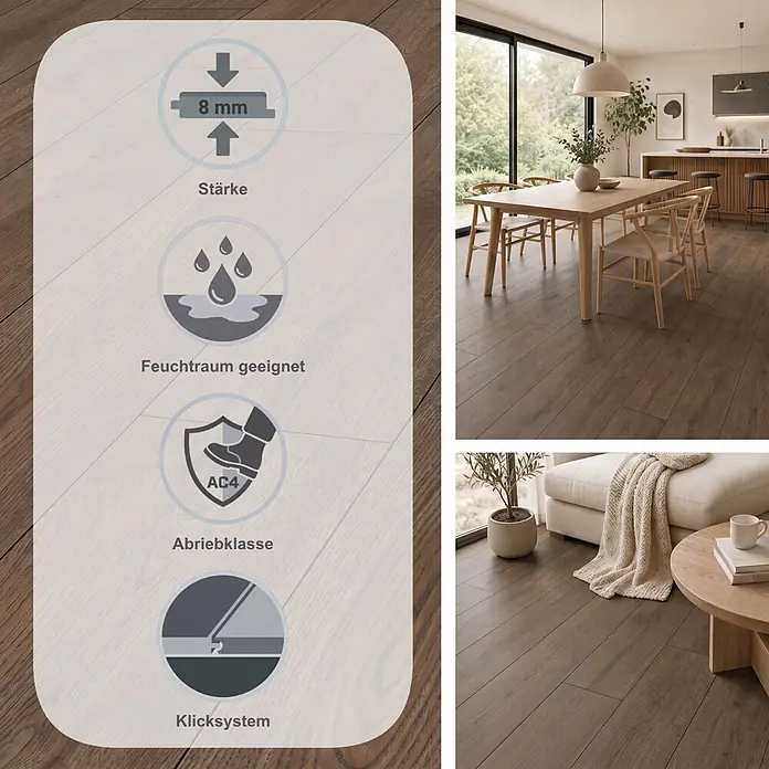 Egger Laminat NatureSense Aqua - Turin Eiche braun, Landhausdiele, 1.292 x 193 x 8 mm - Dunkler Laminatboden in Holzoptik in modernem Zuhause, mit Infografik zu Eigenschaften wie 8mm Stärke und Robustheit.