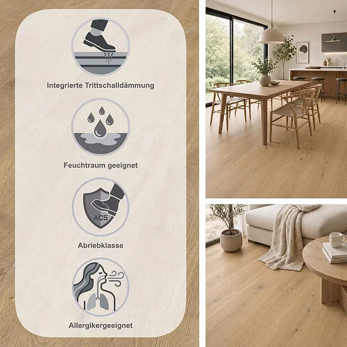 Krono Original Laminat Classic Silent - Solar Oak, Landhausdiele, 1.288 x 195 x 9 mm - Heller Holzoptik-Boden mit Grafik-Overlay, zeigt Trittschalldämmung, Feuchtraumeignung, Abriebklasse AC5 und Allergikerfreundlichkeit in moderner Wohnumgebung.