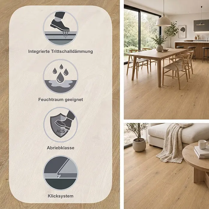 Krono Original Laminat Classic Silent - Solar Oak, Landhausdiele, 1.288 x 195 x 9 mm - Heller Holzoptik-Boden mit Grafik-Overlay, zeigt Trittschalldämmung, Feuchtraumeignung, Abriebklasse AC5 und Allergikerfreundlichkeit in moderner Wohnumgebung.