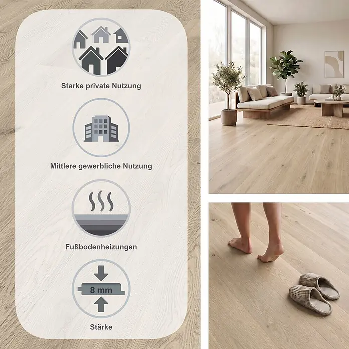 LOGOCLIC Vinto Laminat Classic - Eiche Flinton, Landhausdiele, 1.288 x 195 x 8 mm - Helles Holzparkett in modernem Wohnzimmer mit Eigenschaften: 8 mm Stärke, starke private/mittlere gewerbliche Nutzung, fußbodenheizungsgeeignet.