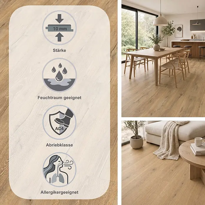 Egger Laminat NatureSense Aqua - Melba Eiche natur, Landhausdiele, 1.292 x 193 x 10 mm - Helles Holz-Laminat (10mm, AC4), feuchtraum- und allergikergeeignet. Abgebildet in modernen Wohn- und Essbereichen.