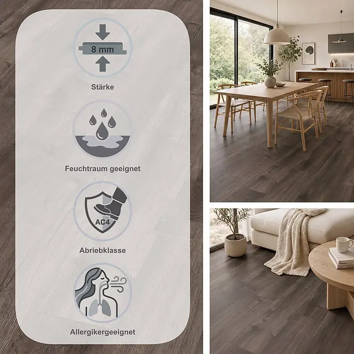 Egger Laminat NatureSense Aqua - Loja Eiche grau, Landhausdiele, 1.292 x 193 x 8 mm - Dunkler Laminatboden in Holzoptik, 8mm stark, AC4 Abriebklasse, feuchtraumgeeignet, allergikerfreundlich. In modernem Zuhause gezeigt.