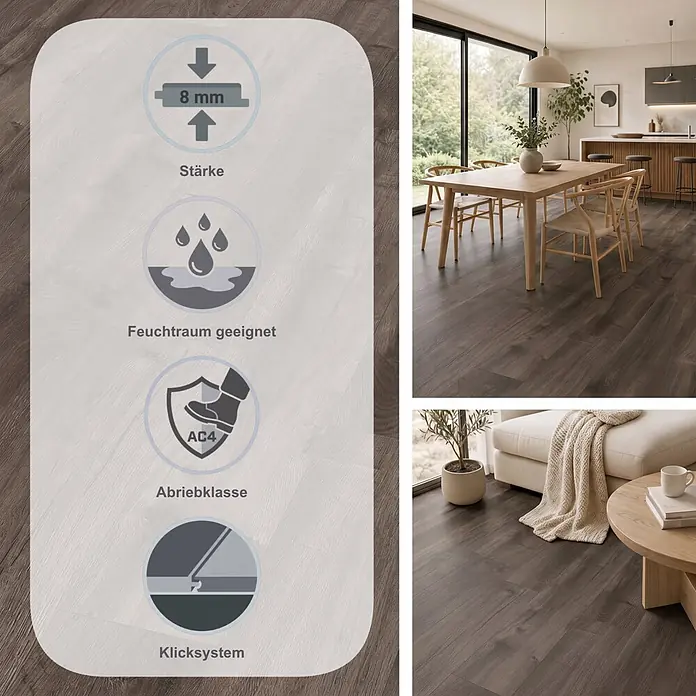 Egger Laminat NatureSense Aqua - Loja Eiche grau, Landhausdiele, 1.292 x 193 x 8 mm - Dunkler Laminatboden in Holzoptik, 8mm stark, AC4 Abriebklasse, feuchtraumgeeignet, allergikerfreundlich. In modernem Zuhause gezeigt.