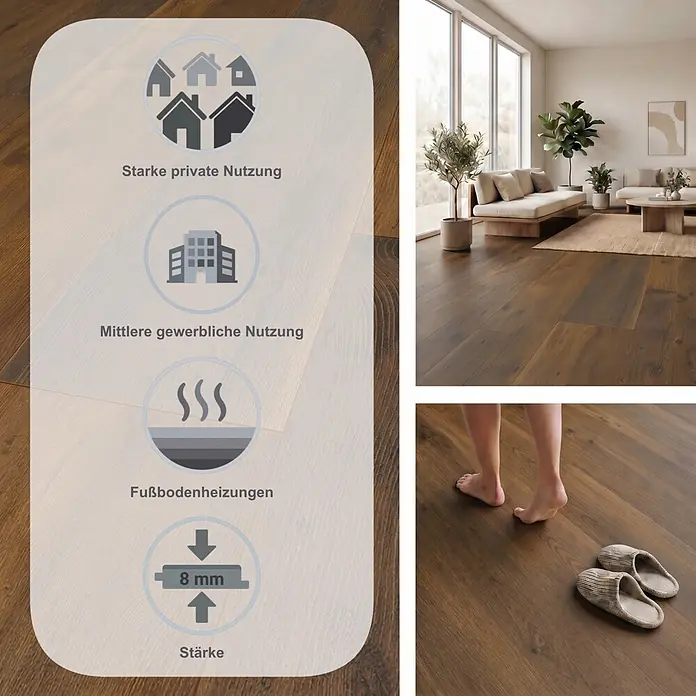 LOGOCLIC Vinto Laminat - Eiche Porto, Landhausdiele, 1.288 x 330 x 8 mm - Dunkler Holzfußboden im Wohnzimmer, mit Icons für Langlebigkeit, Fußbodenheizung und 8mm Stärke.