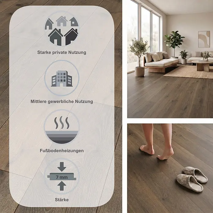 Krono Original Laminat Organic Clever Long Silent - Hare Tegernsee Oak, Landhausdiele, 2.003 x 245 x 7 mm - Dunkelbrauner Holzboden in Wohnraum, mit Symbolen für private & gewerbliche Nutzung, Fußbodenheizung und 7mm Stärke.