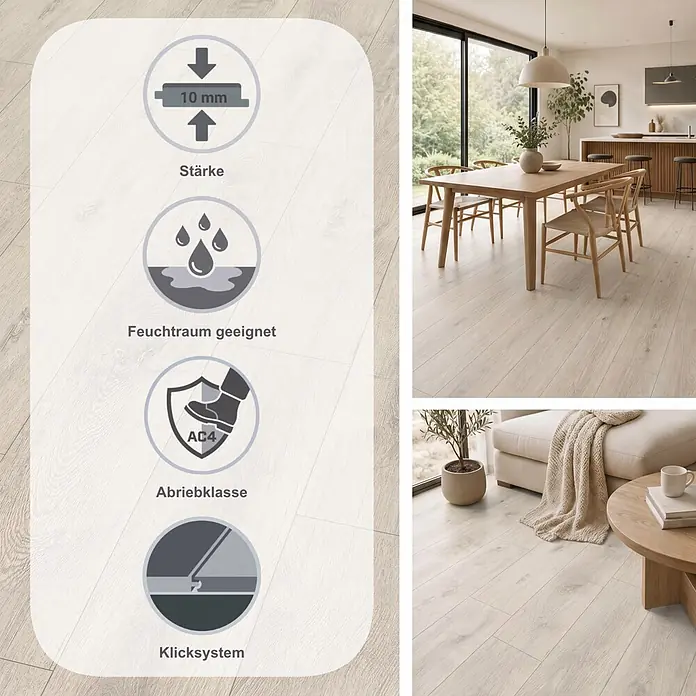Egger Laminat NatureSense Aqua - Eiche Sedan, Landhausdiele, 1.292 x 193 x 10 mm - Helle Holzoptik-Bodenbelag, 10mm dick, Abriebklasse AC4, feuchtraumgeeignet, allergikerfreundlich, in Ess- und Wohnbereich.