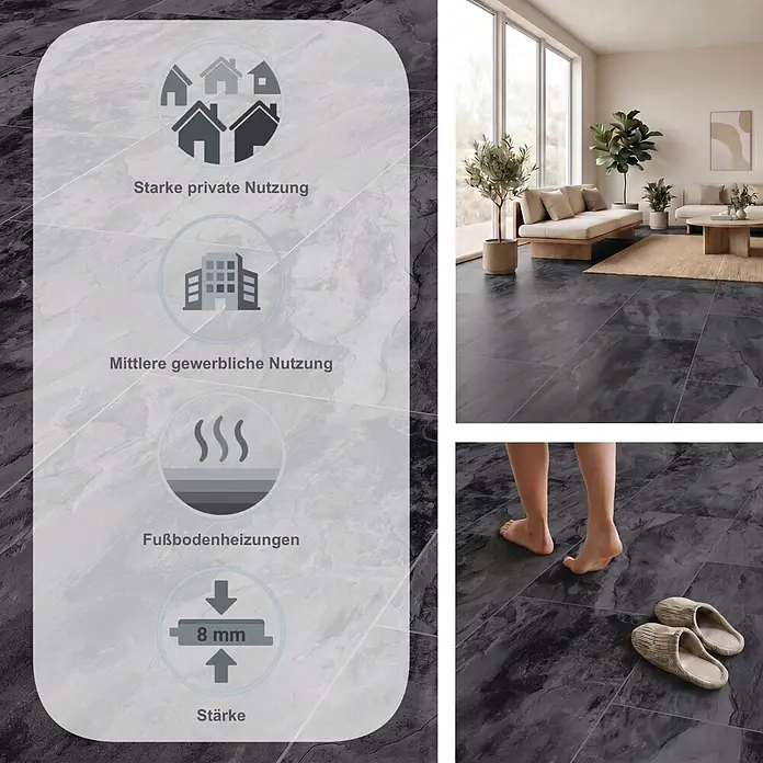 LOGOCLIC Aquaprotect Laminat - Pure, 638 x 330 x 8 mm - Dunkelgraue Marmorfliesen im Wohnzimmer. Grafiken zeigen starke private/mittlere gewerbliche Nutzung, Fußbodenheizung und 8mm Stärke.