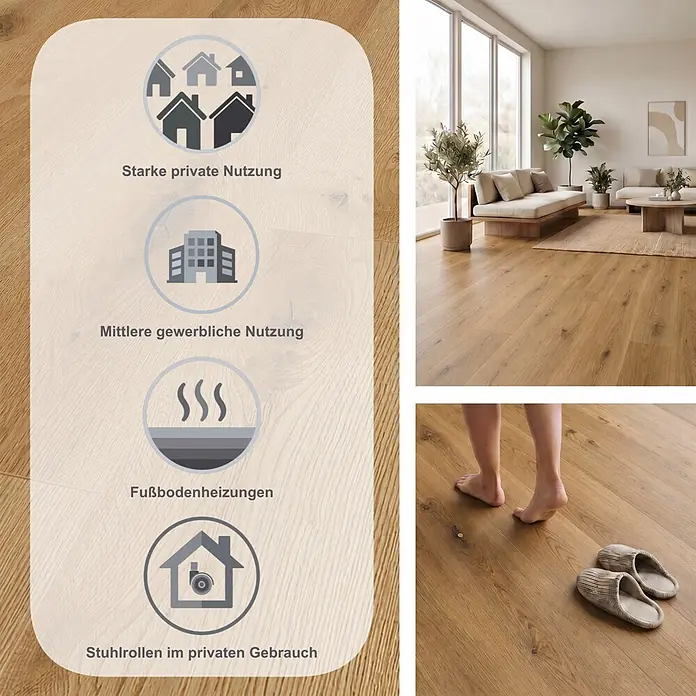 LOGOCLIC Edition Laminat Family - Riverside, Landhausdiele, 1.288 x 245 x 7 mm - Heller Holzoptikboden, strapazierfähig für starke private & mittlere gewerbliche Nutzung, geeignet für Fußbodenheizung & Stuhlrollen. Im Wohnbereich gezeigt.