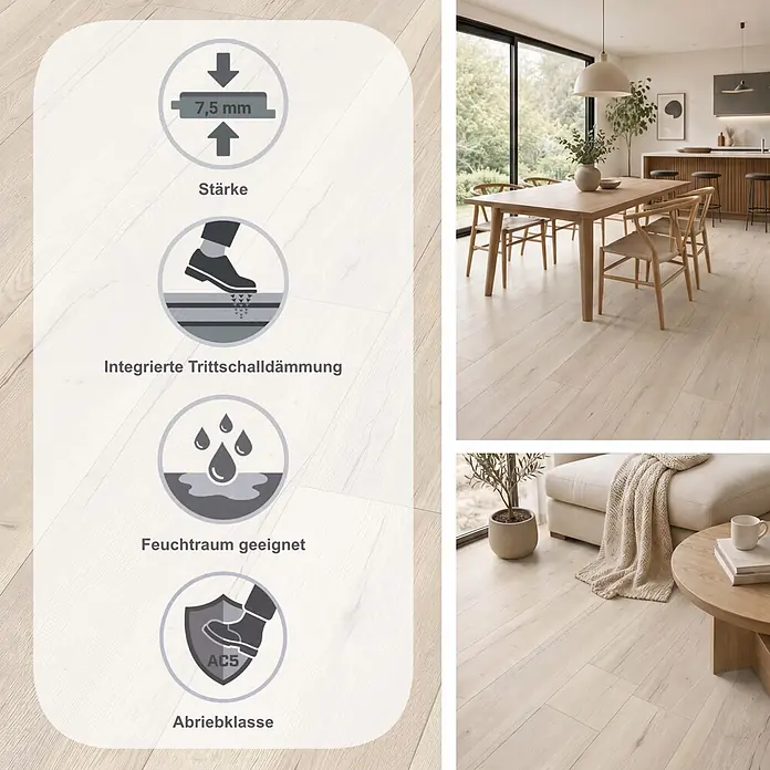 Egger Laminat Aquadura+ - Halifax Eiche creme, Landhausdiele, 1.292 x 246 x 7,5 mm - Helles Holzoptik-Bodenbelag in modernem Zuhause, mit Merkmalen wie 7,5 mm Stärke, integrierter Trittschalldämmung, Feuchtraumeignung und Abriebklasse AC5.
