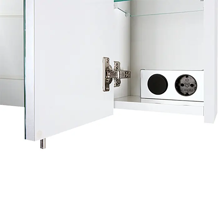 Schildmeyer LED-Spiegelschrank Roma - B x H: 70 x 75 cm, Holz, Weiß - Innenansicht eines weißen Spiegelschranks mit einer Steckdose und einem runden, schwarzen Schalter, die sich im Schrank befinden.