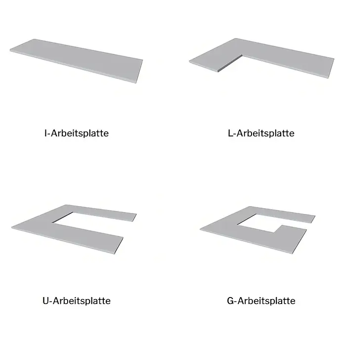 Küchenarbeitsplatte nach Maß - Max. Zuschnittslänge: 400 cm, Max. Zuschnittsbreite: 90 cm - Vier hellgraue Küchenarbeitsplatten in I-, L-, U- und G-Form.