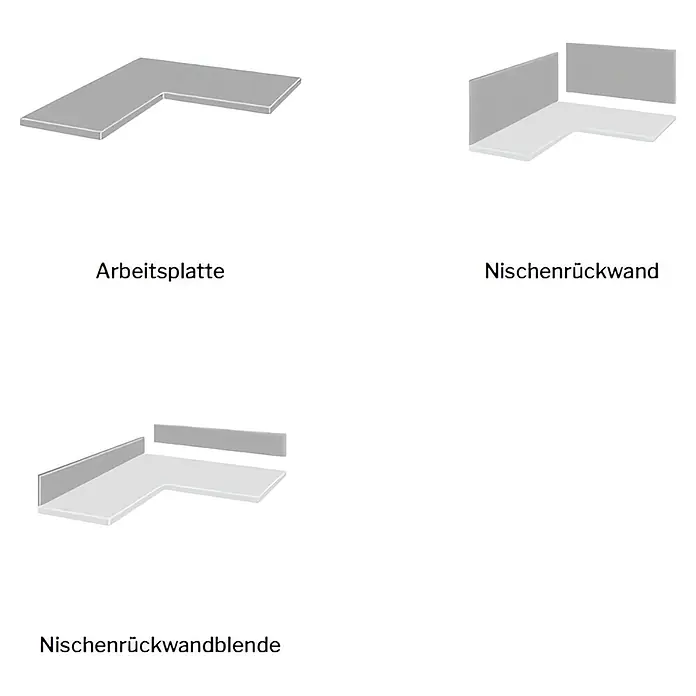 Küchenarbeitsplatte nach Maß - Max. Zuschnittslänge: 400 cm, Max. Zuschnittsbreite: 90 cm - Drei L-förmige Küchenkomponenten: graue Arbeitsplatte, weiße Basis mit grauen Nischenrückwänden und weiße Basis mit grauen Nischenrückwandblenden.