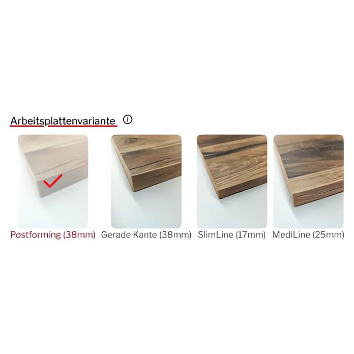 Küchenarbeitsplatte nach Maß - Max. Zuschnittslänge: 400 cm, Max. Zuschnittsbreite: 90 cm - Vier Arbeitsplattenvarianten in Holzoptik: Postforming (38mm, ausgewählt), Gerade Kante (38mm), SlimLine (17mm), MediLine (25mm).