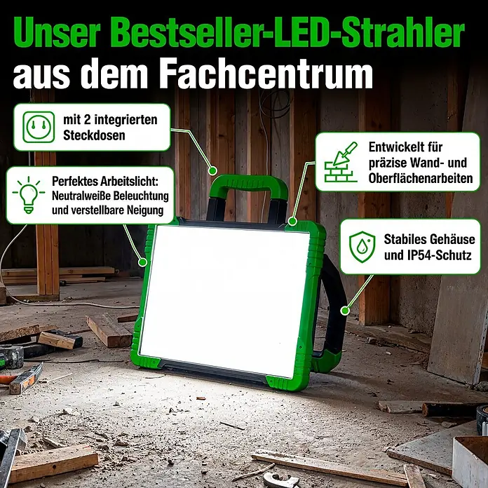 Profi Depot LED-Strahler - 55 W, 4.000 lm, L x B x H: 38,8 x 34,2 x 10,1 cm, IP54 - Grüner und schwarzer LED-Baustrahler mit neutralweißem Licht, verstellbarer Neigung, 2 integrierten Steckdosen und IP54-Schutz für präzise Arbeiten.