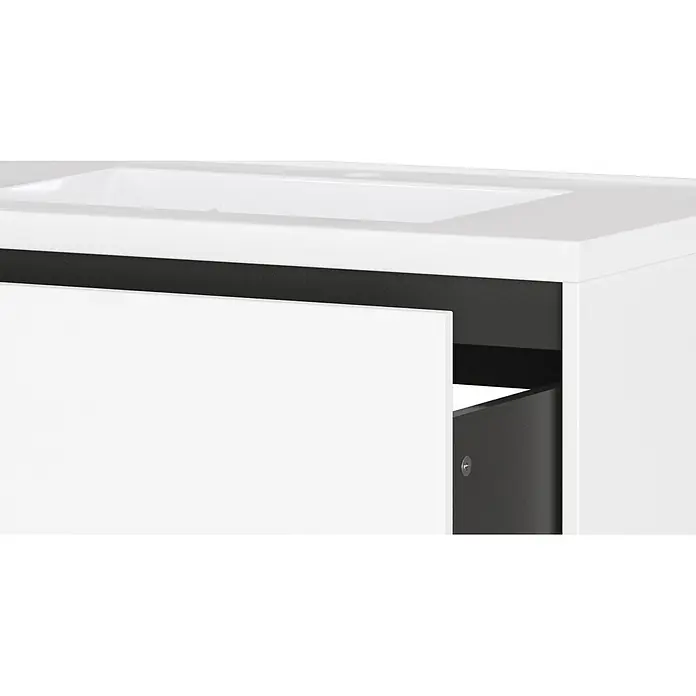 Germania Waschtischunterschrank GW-BODERA - B x T x H: 81 x 46 x 61 cm, Weiß - Weißer Badezimmer-Waschtisch mit integriertem Waschbecken. Eine Schublade ist teilweise geöffnet und zeigt den dunkelgrauen Innenraum.