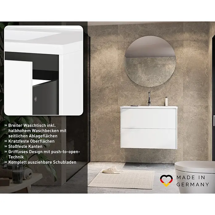 Germania Waschtischunterschrank GW-BODERA - B x T x H: 81 x 46 x 61 cm, Weiß - Weißer wandmontierter Badschrank mit integriertem Waschbecken und zwei grifflosen Push-to-Open-Schubladen im modernen Badezimmer.
