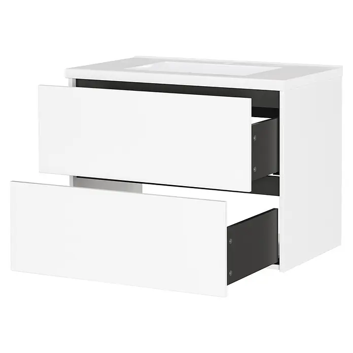 Germania Waschtischunterschrank GW-BODERA - B x T x H: 81 x 46 x 61 cm, Weiß - Weißer wandhängender Waschtischunterschrank mit integriertem Waschbecken und zwei teils geöffneten Schubladen, dunkelgraues Interieur.