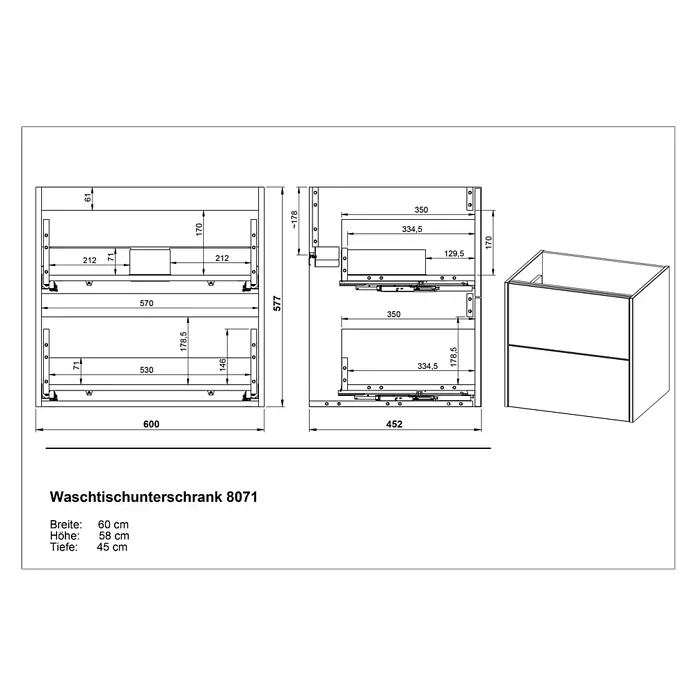 Germania Waschtischunterschrank GW-BODERA - B x T x H: 61 x 46 x 61 cm, Graphit - Technisches Zeichenbild eines Waschtischunterschranks mit zwei Schubladen, inklusive Maßen und internem Aufbau.