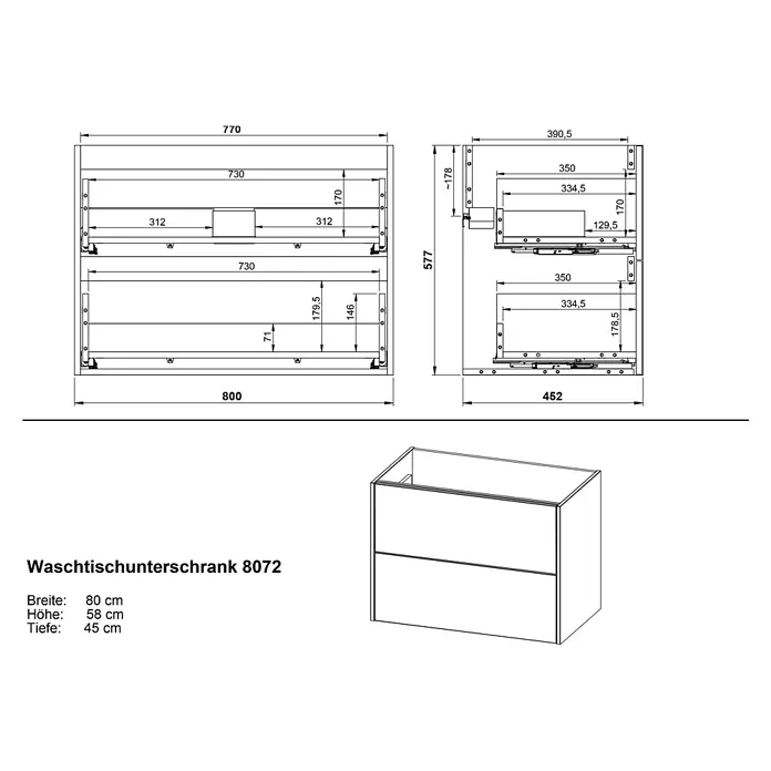Germania Waschtischunterschrank GW-BODERA - B x T x H: 81 x 46 x 61 cm, Graphit - Technische Zeichnung und isometrische Ansicht eines Waschtischunterschranks 8072 mit zwei Schubladen. Maße: 80x58x45 cm.