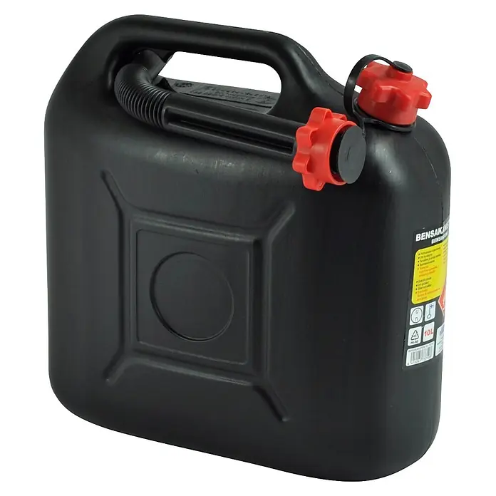 Benzinkanister -  - Schwarzer 10L Kunststoff-Benzinkanister mit roten Kappen und flexiblem Ausgießer.